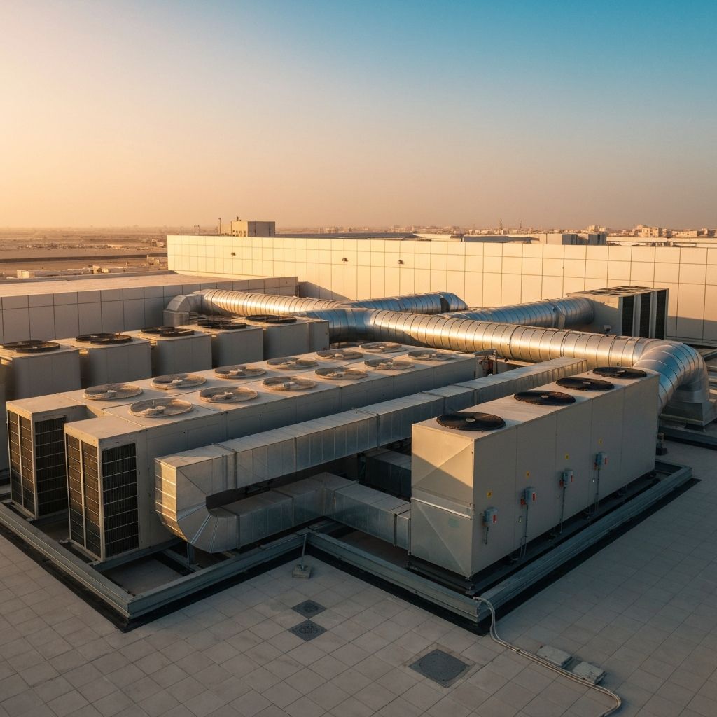 Commercial HVAC systems on a building rooftop in Abu Dhabi